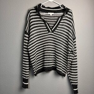Cato Womens Large Black White Striped Metallic V-Neck Collared Sweater Pullover